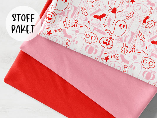 stoffpaket-stoff-jersey-baumwolle-baumwolljersey-kathi-kunterbunt-halloween-herbst-spooky-season-geist-totenkopf-kuerbis-spinne-rosa-rot-bild