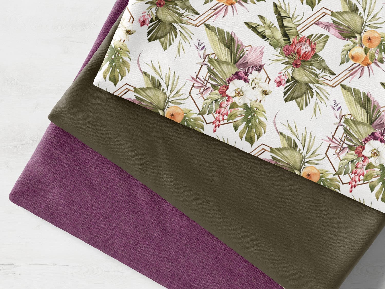 stoffpaket-stoff-jersey-baumwolle-baumwolljersey-tropical-uni-olivgruen-buendchenstoff-lila-meliert-2