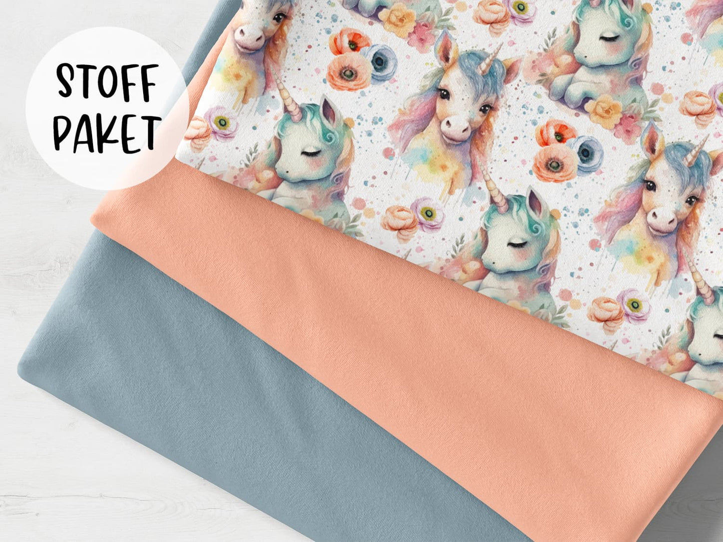 stoffpaket-stoff-jersey-baumwolle-baumwolljersey-watercolor-unicorn-aquarell-einhorn-sprenkel-blumen-bunt-pastell-bild