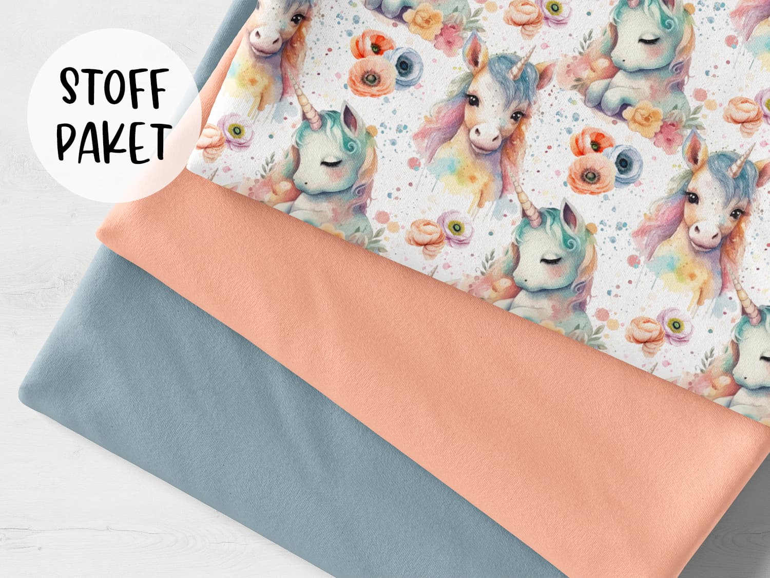 stoffpaket-stoff-jersey-baumwolle-baumwolljersey-watercolor-unicorn-aquarell-einhorn-sprenkel-blumen-bunt-pastell-bild