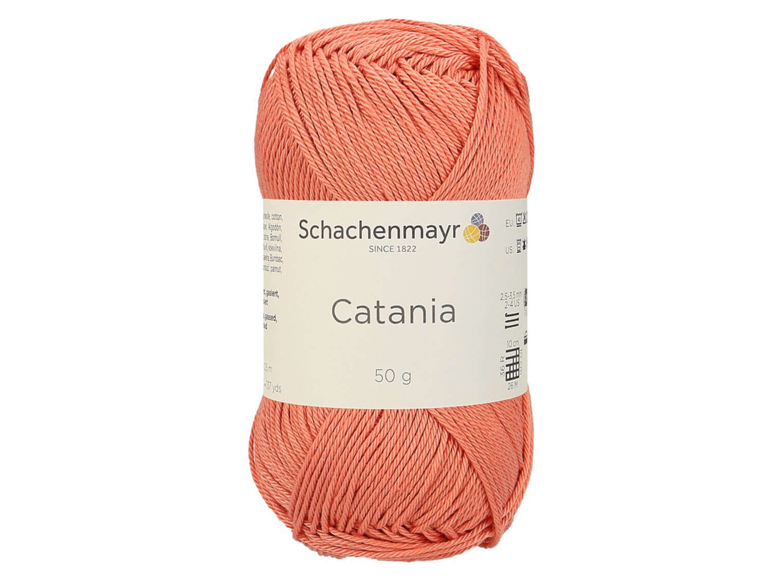 Schachenmayr Catania yarn in scampi color, 50g ball of high-quality cotton for knitting and crocheting projects.