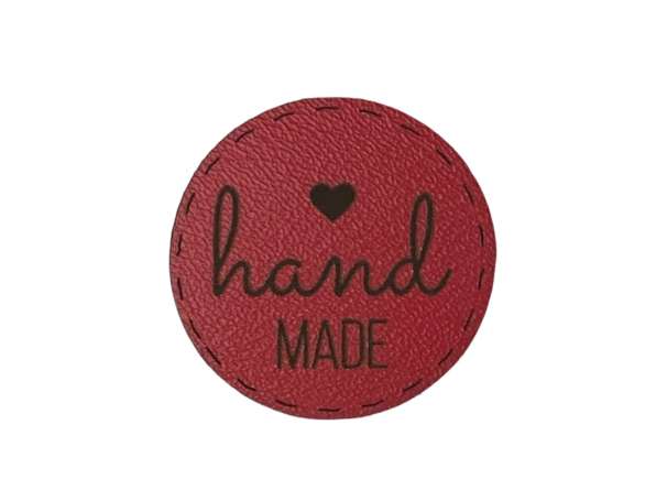 Kunstleder Label, rund - Herz, Handmade - rot