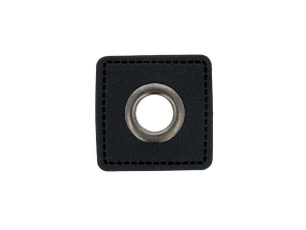 1 Kunstleder-Quadrat mit Öse - 8 mm - schwarz-silber