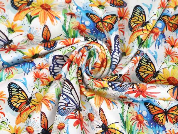 Jersey Stoff - Bunte Schmetterlinge & Blumen
