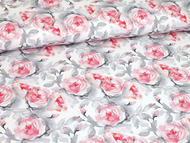 French Terry - Watercolor Roses, grau-rot - groß