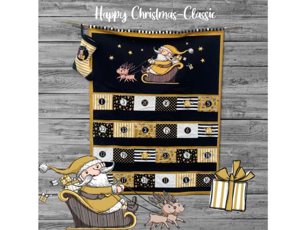 Canvas Stoff - PANEL Adventskalender Happy Christmas Classic, schwarz