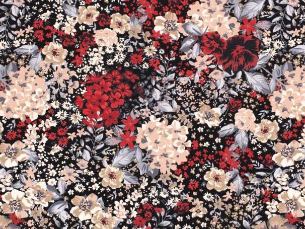 Jersey Stoff - Flowers Allover - rot,schwarz