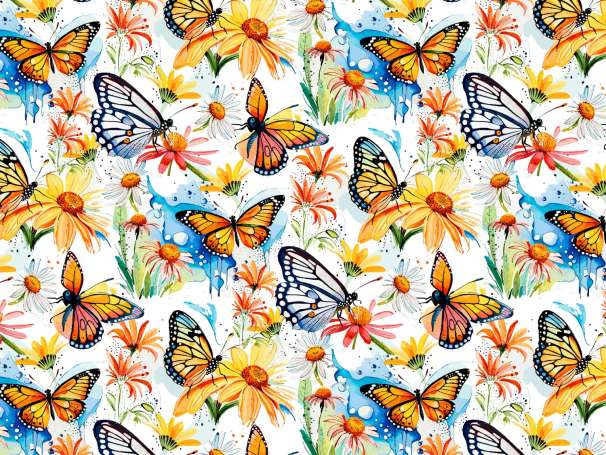 Jersey Stoff - Bunte Schmetterlinge & Blumen