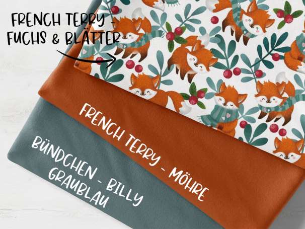 Stoffpaket French Terry - Fuchs & Blätter - graublau