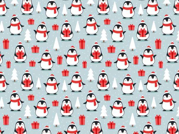 French Terry - Pinguin mit Geschenk, dunkles mint-rot - online