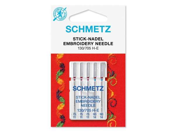 Schmetz - 5 Nähmaschinennadeln, Stick-Nadel 1130/705 H-E - NM 75/11-90/14