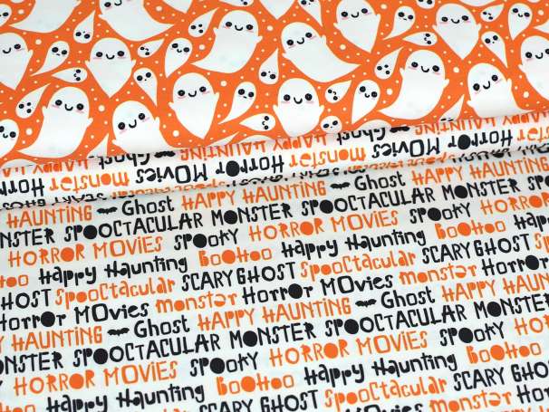 Fester, strukturierter Stoff - Halloween Wörter - orange + Kombistoff