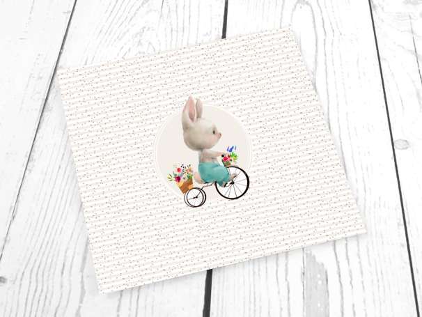 Jersey Stoff - PANEL - Hase mit Fahrrad, beige