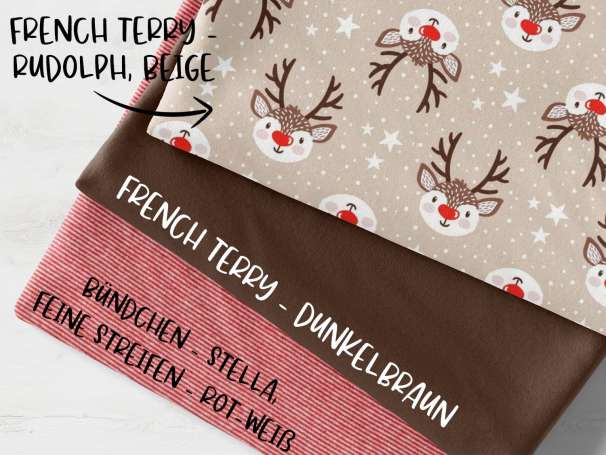 Stoffpaket French Terry - Rudolph, beige - rot-weiß